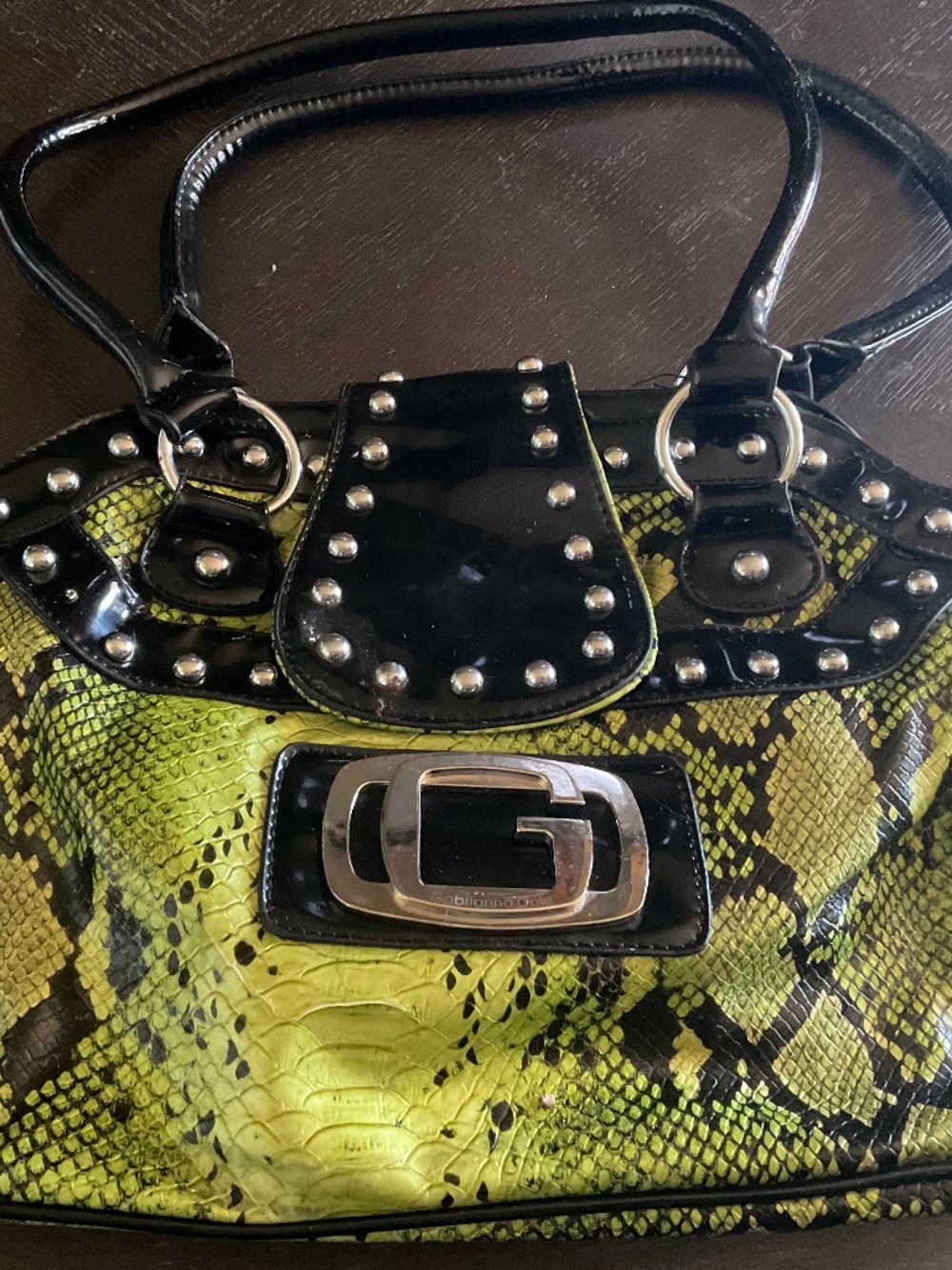 Black and green faux snake skin shoulder bag